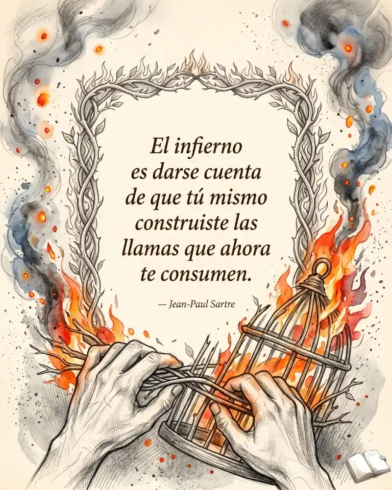 Frase angustiante con jaula en llamas.