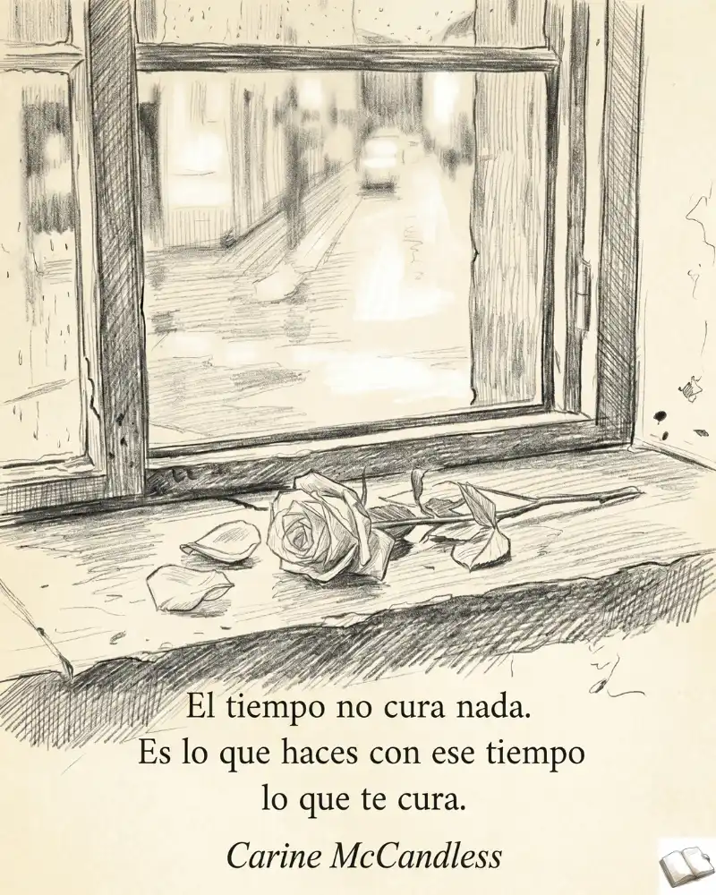 Fotografía conceptual de una rosa marchita con la frase: 'El tiempo no cura nada. Es lo que haces con ese tiempo lo que te cura.' de Carine McCandless sobre desilusión amorosa.