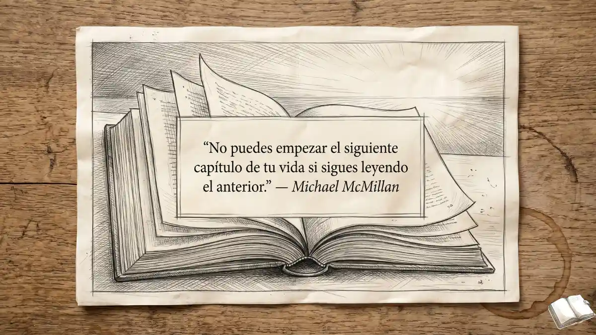 Frase reflexiva con un libro abierto.