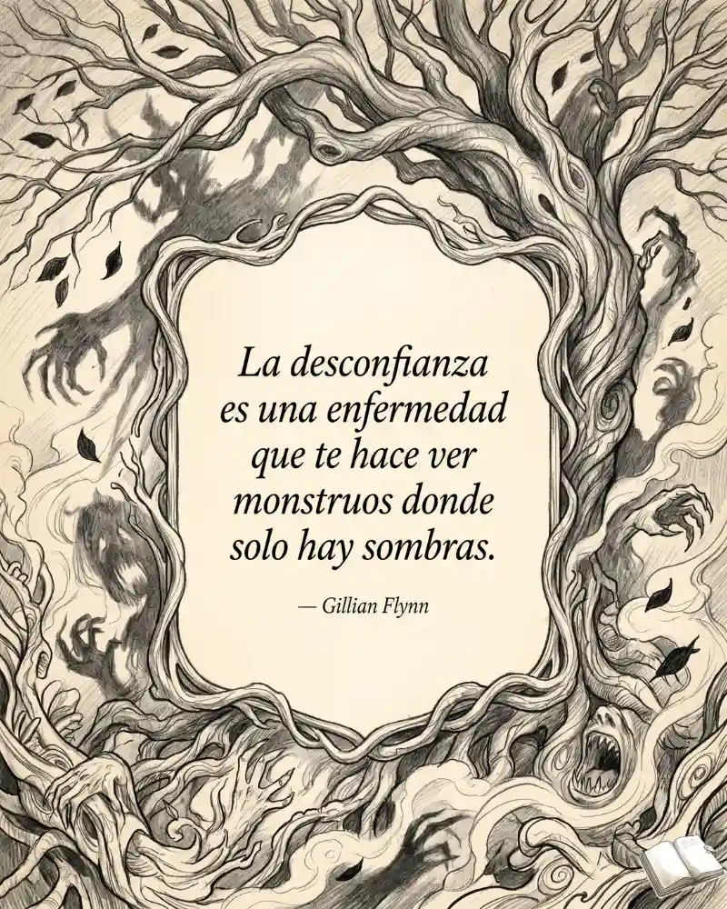 Frase sobre desconfianza con sombras monstruosas.