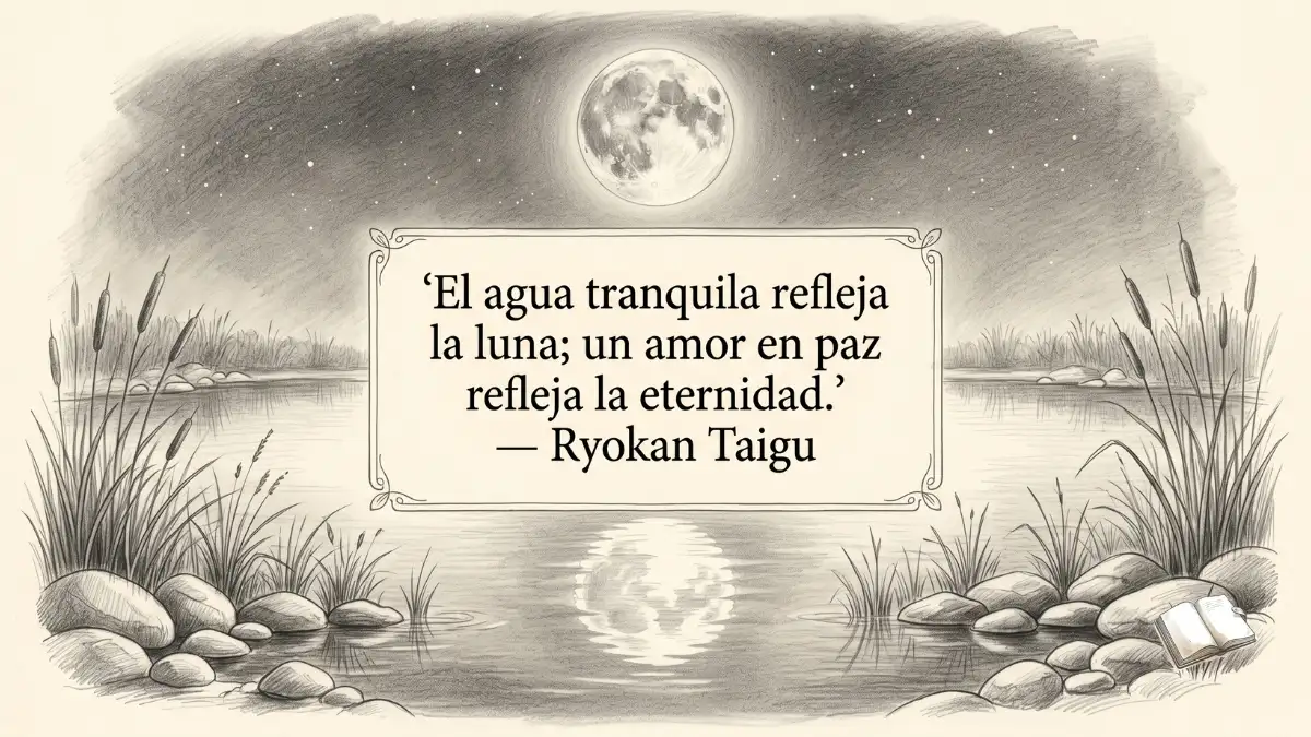 Frase zen con luna sobre agua.