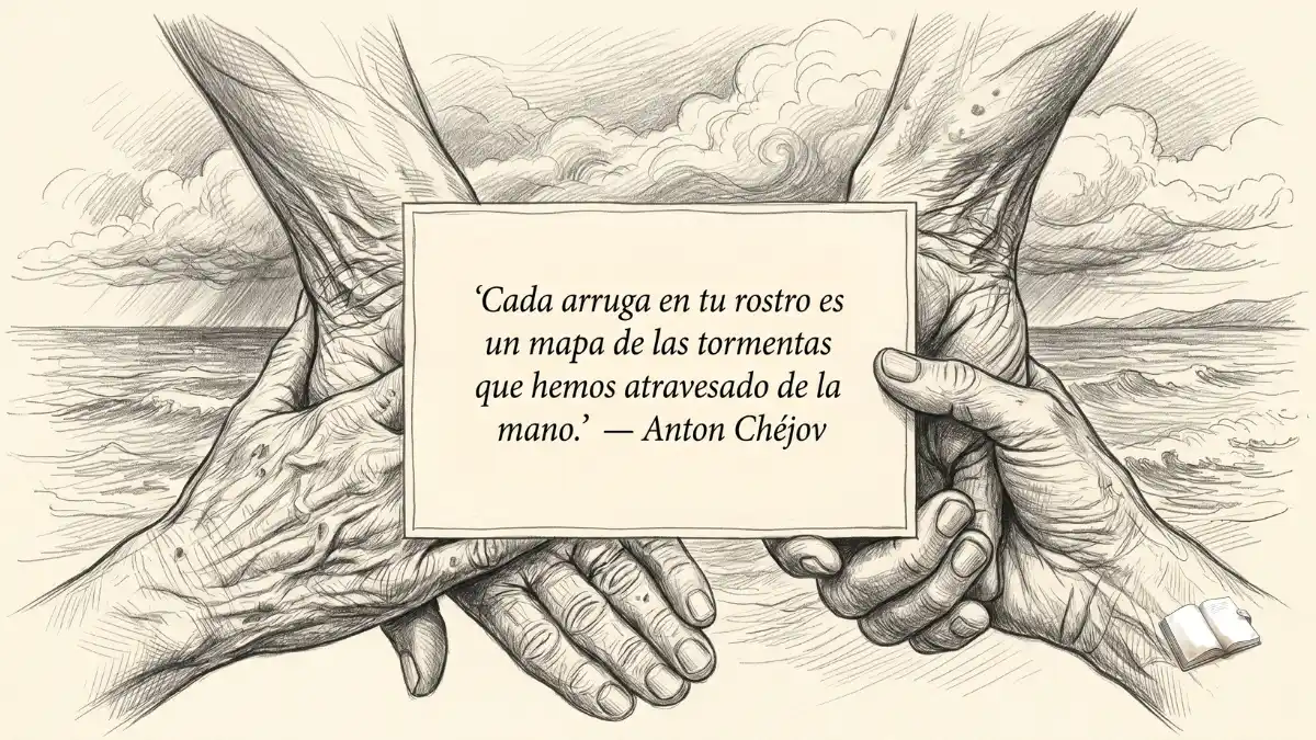 Frase profunda con manos entrelazadas arrugadas.