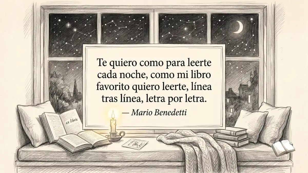 Frase romántica junto a libro abierto.