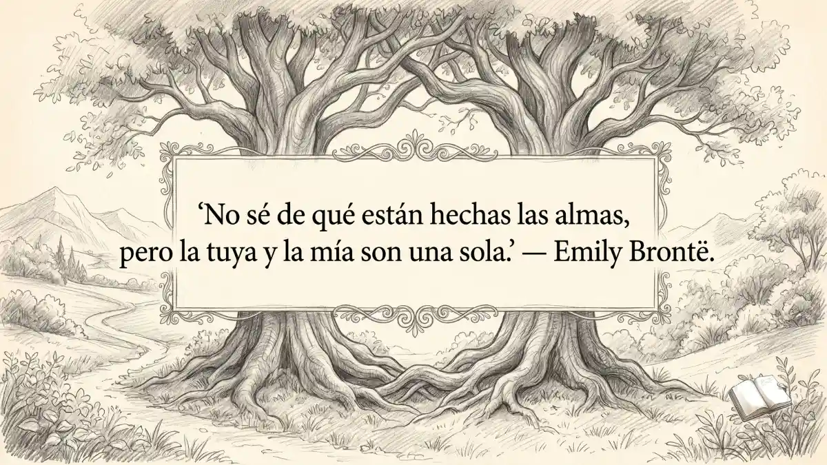 Frase romántica con dos árboles entrelazados.
