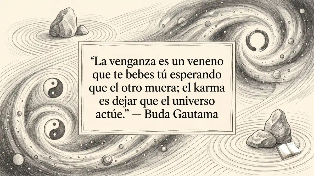 Frase espiritual con jardín zen cósmico.