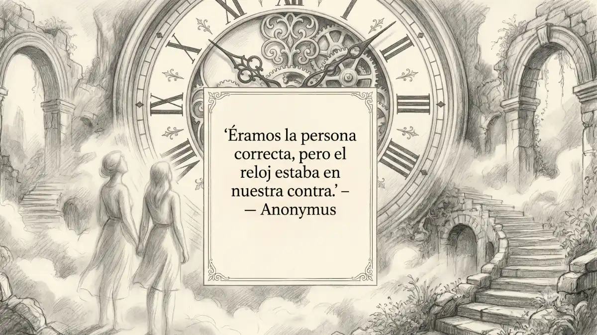 Frase nostálgica con gran reloj antiguo.