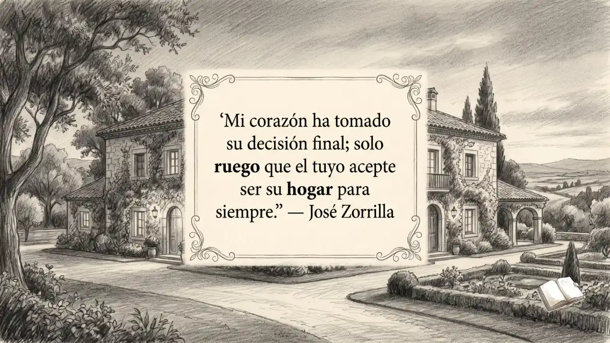 Frase romántica con caserón antiguo detallado.