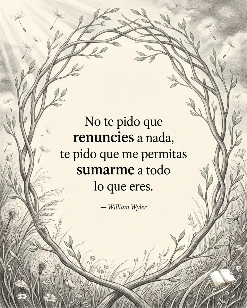Frase romántica con hojas verdes.