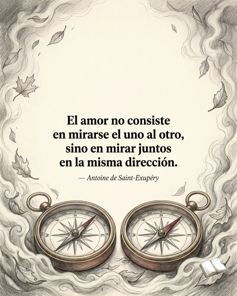 Frase romántica con brújulas rojas.