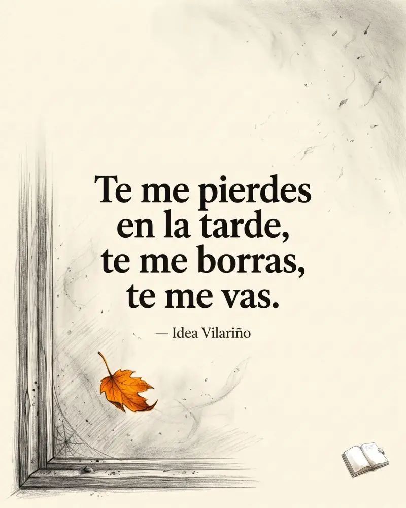 Ventana con hoja de otoño y frase de amor.