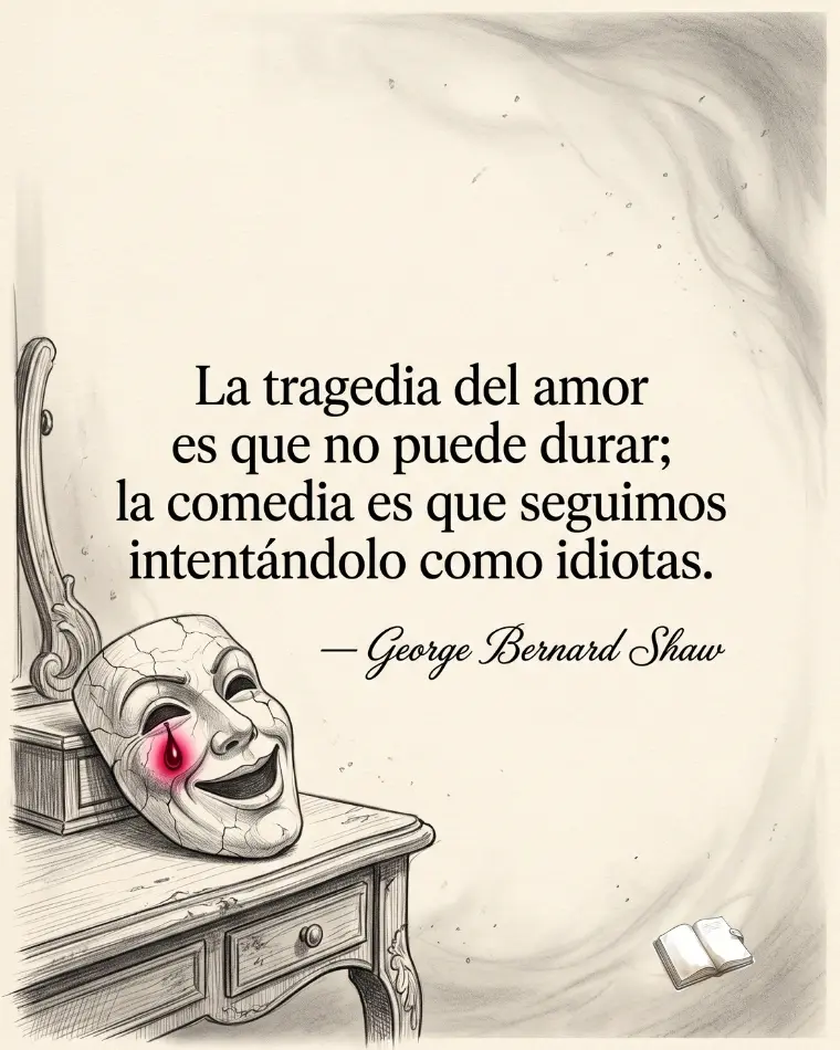 Máscara agrietada con texto central de frases sarcasticas ironicas desamor