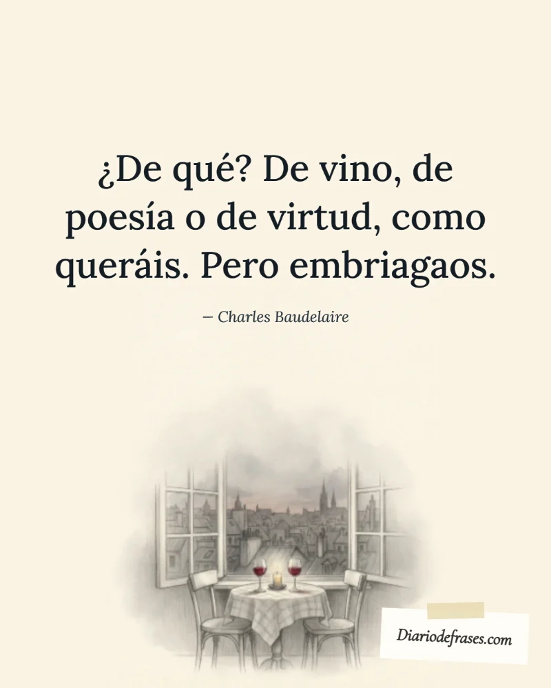 Ilustración a lápiz de las dos copas, con la frase «¿De qué? De vino, de poesía o de virtud, como queráis. Pero embriagaos.» de Charles Baudelaire