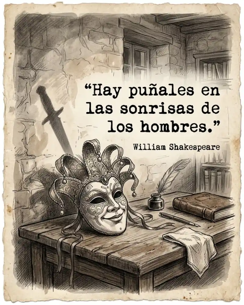 Una máscara veneciana sonriente sobre una mesa, con la sombra de un puñal proyectada en la pared detrás, con la frase «Hay puñales en las sonrisas de los hombres.» de William Shakespeare