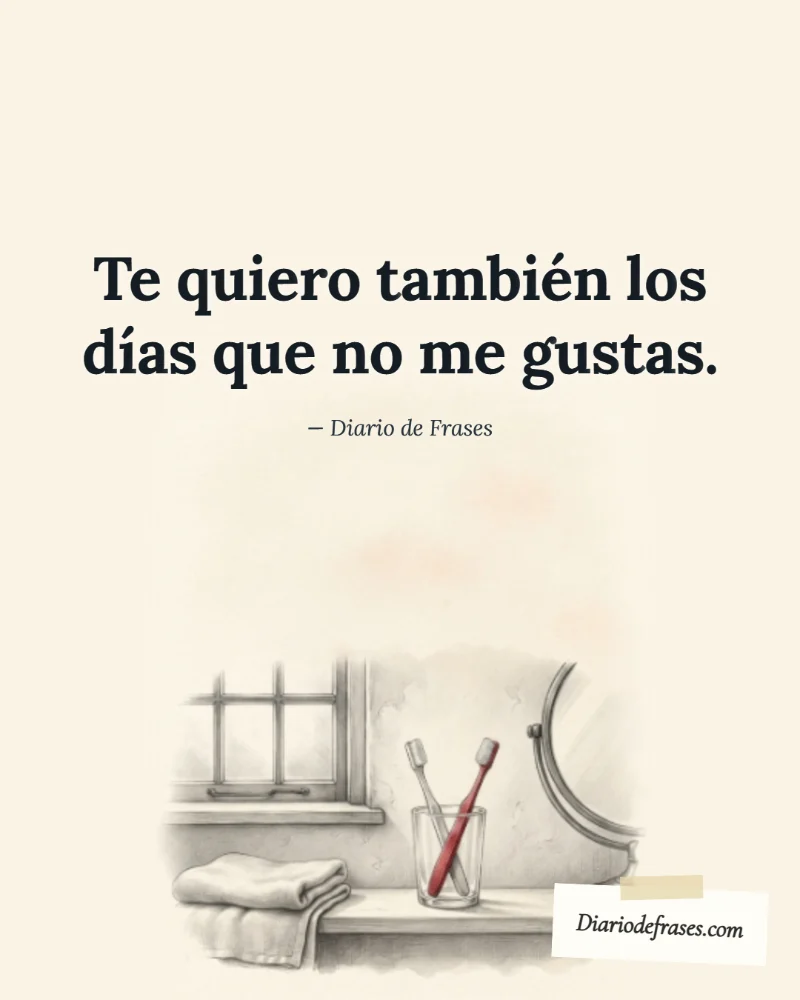 Ilustración a lápiz de los cepillos, con la frase «Te quiero también los días que no me gustas.» de Diario de Frases