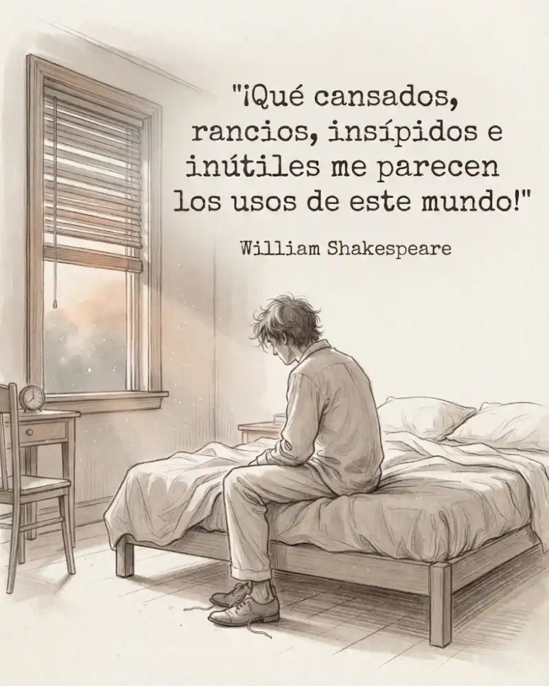 Una persona sentada en el borde de la cama al amanecer, con los zapatos sin atar y la persiana a medio subir, con la frase «¡Qué cansados, rancios, insípidos e inútiles me parecen todos los usos de este mundo!» de William Shakespeare