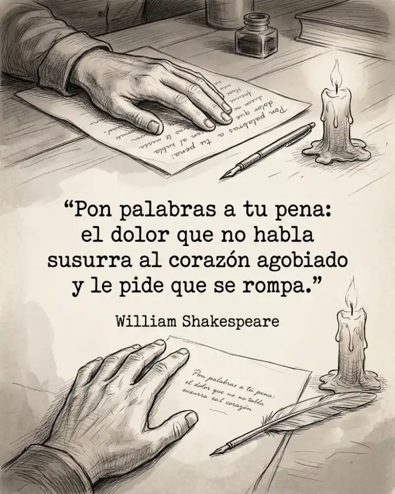 Una mano apoyada sobre una carta a medio escribir, con una pluma caída y una vela casi consumida al lado, con la frase «Pon palabras a tu pena: el dolor que no habla susurra al corazón agobiado y le pide que se rompa.» de William Shakespeare