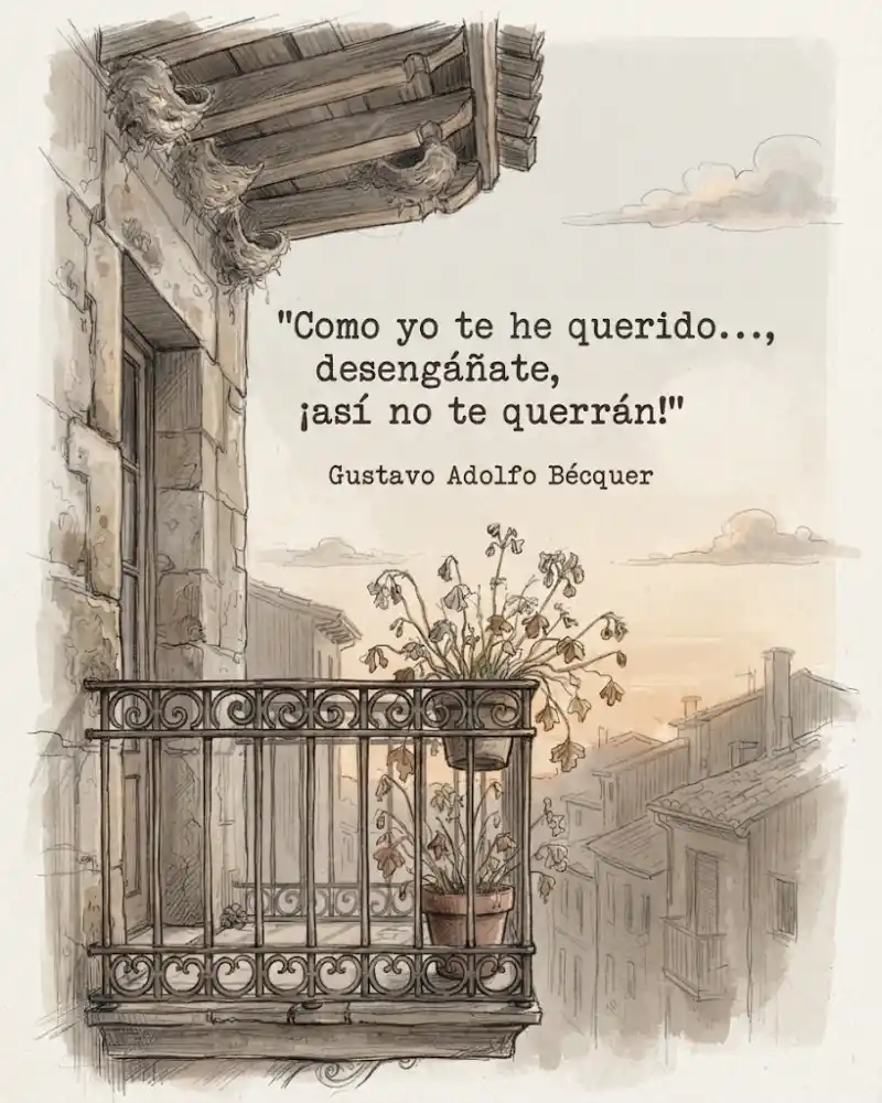 Un balcón antiguo de hierro al atardecer, con nidos de golondrina vacíos bajo el alero y una maceta de geranios marchitos, con la frase «Como yo te he querido..., desengáñate, ¡así no te querrán!» de Gustavo Adolfo Bécquer