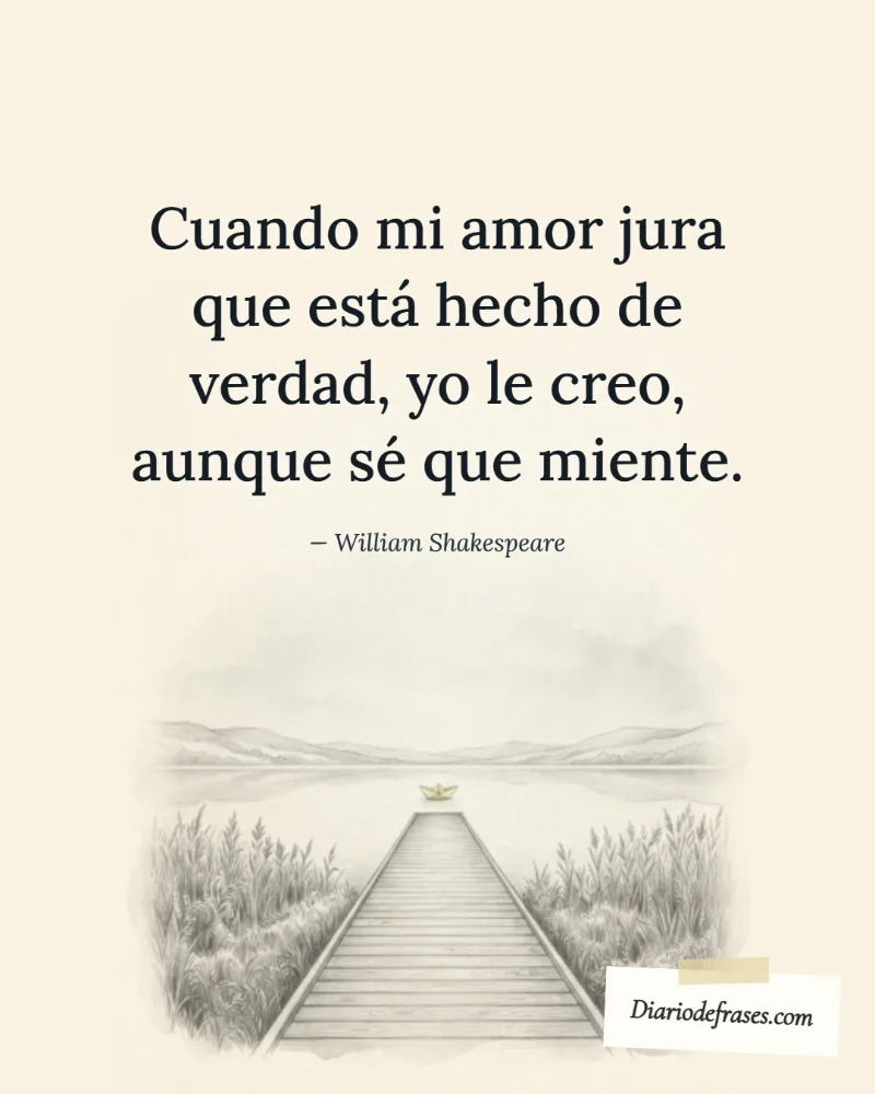Ilustración a lápiz del barco de papel, con la frase «Cuando mi amor jura que está hecho de verdad, yo le creo, aunque sé que miente.» de William Shakespeare