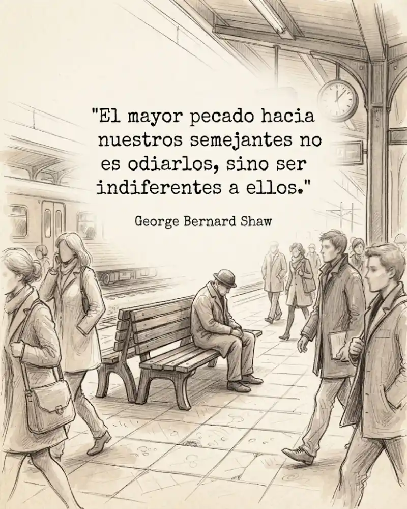 Un andén de tren con gente que pasa de largo junto a un banco donde alguien está sentado solo, con la frase «El mayor pecado hacia nuestros semejantes no es odiarlos, sino ser indiferentes a ellos.» de George Bernard Shaw