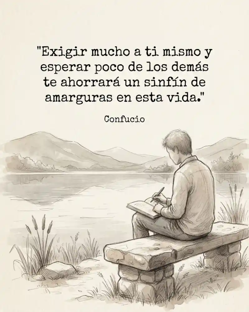 Una persona sentada sola en un banco de piedra junto a un lago tranquilo, con un cuaderno abierto en las rodillas y montañas suaves al fondo, con la frase «Exigir mucho a ti mismo y esperar poco de los demás te ahorrará un sinfín de amarguras en esta vida.» de Confucio