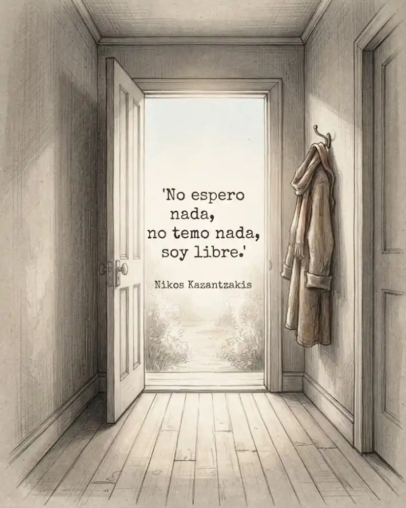 Una puerta abierta de par en par al final de un pasillo en penumbra, con luz de mañana entrando desde fuera y un abrigo colgado junto a ella, con la frase «No espero nada, no temo nada, soy libre.» de Nikos Kazantzakis