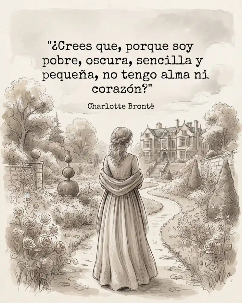 Una mujer joven de espaldas en un jardín inglés antiguo, con un chal sobre los hombros, mirando una casa grande al fondo, con la frase «¿Crees que, porque soy pobre, oscura, sencilla y pequeña, no tengo alma ni corazón?» de Charlotte Brontë