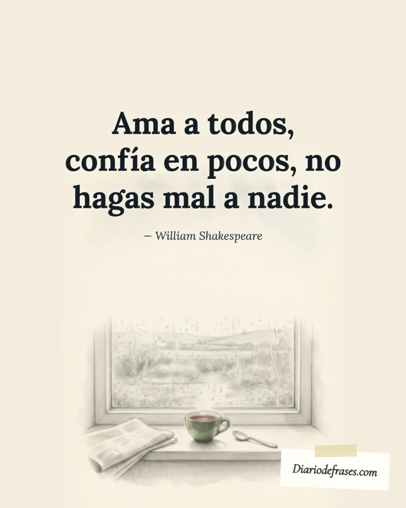 Ilustración a lápiz de la taza de té, con la frase «Ama a todos, confía en pocos, no hagas mal a nadie.» de William Shakespeare