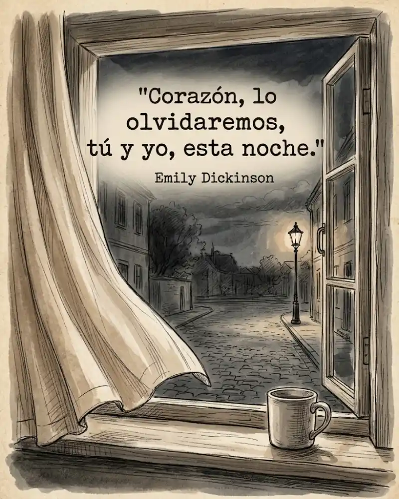 Una ventana de noche con la cortina movida por el aire, una taza fría en el alféizar y, fuera, una sola farola encendida en una calle vacía, con la frase «Corazón, lo olvidaremos, tú y yo, esta noche.» de Emily Dickinson