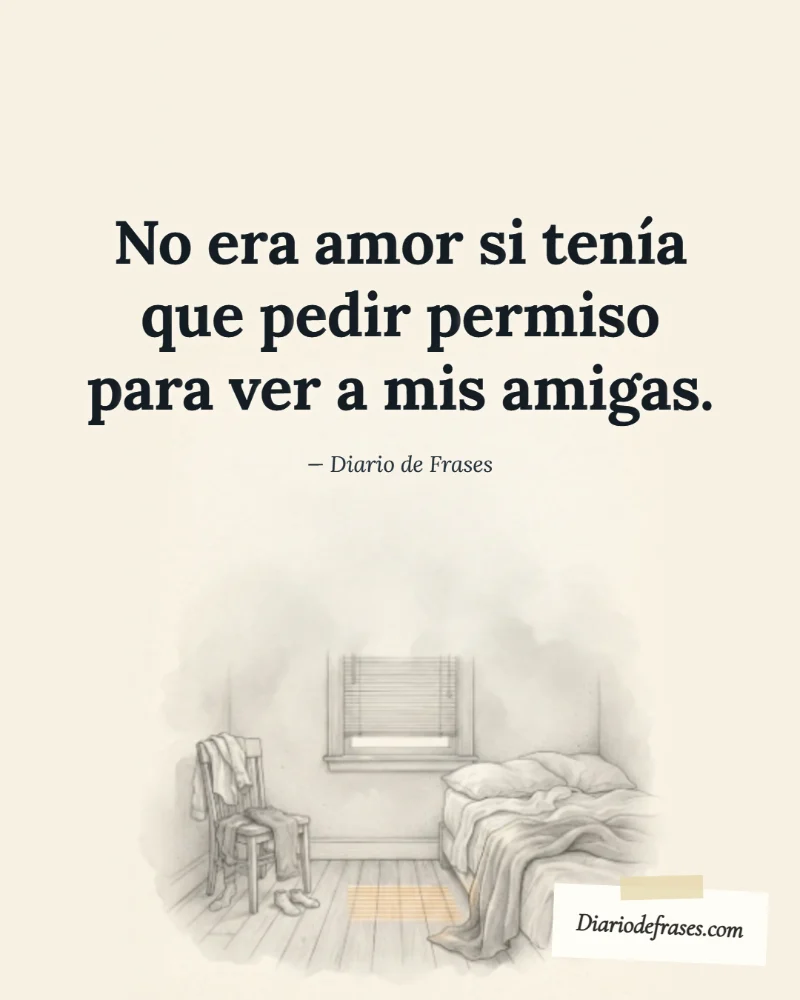 Ilustración a lápiz de la persiana, con la frase «No era amor si tenía que pedir permiso para ver a mis amigas.» de Diario de Frases
