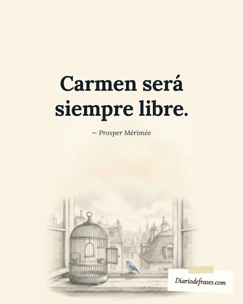 Ilustración a lápiz de la jaula abierta, con la frase «Carmen será siempre libre.» de Prosper Mérimée
