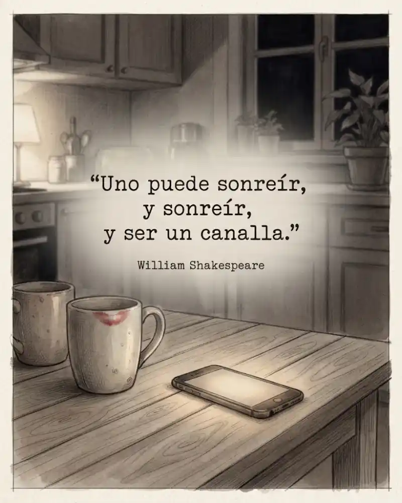 Una mesa de cocina de noche con dos tazas, una de ellas con marca de carmín, y un móvil boca abajo con la pantalla iluminando la madera, con la frase «Uno puede sonreír, y sonreír, y ser un canalla.» de William Shakespeare