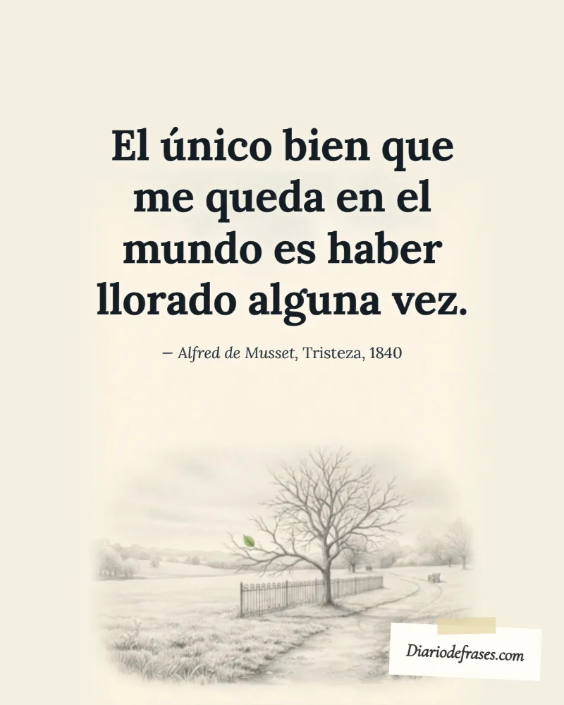 Ilustración a lápiz de la última hoja, con la frase «El único bien que me queda en el mundo es haber llorado alguna vez.» de Alfred de Musset (Tristeza, 1840)