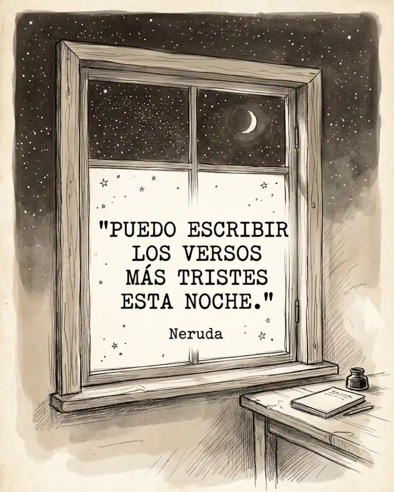 Una ventana abierta de noche con un cielo lleno de estrellas y un cuaderno abierto en el alféizar, con la frase «Puedo escribir los versos más tristes esta noche.» de Pablo Neruda